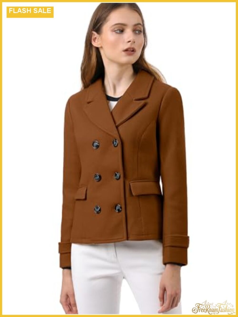 Women's Elegant Short Pea Coat Notched Lapel Double Breasted Fully Lined